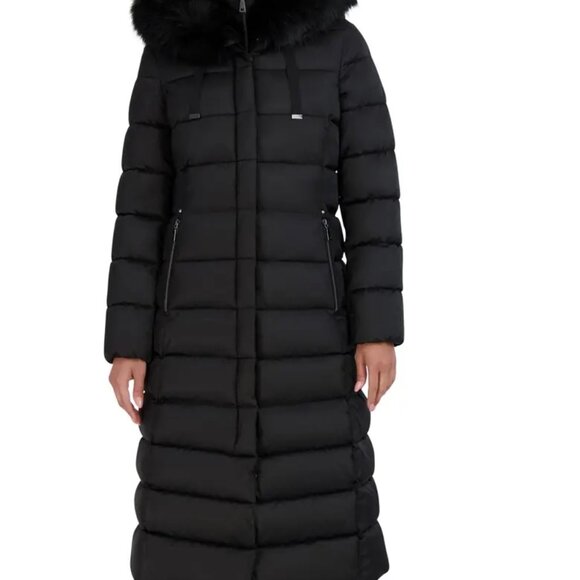 Tahari Nellie Faux Fur Trim Hooded Puffer Jacket with Bib in Black - Picture 1 of 4